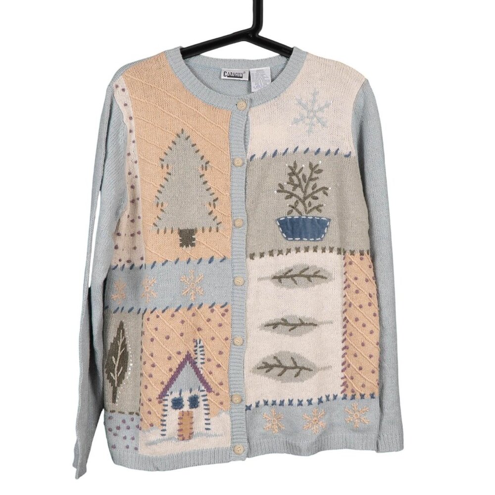 90s Cardigan Sweater M Womens Momcore Cottagecore Winter Pastels Blue Boho Indie